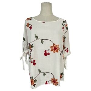 Liv Los Angeles Floral Embroidered Tie‎ Sleeve Blouse White PXL Anthropologie
